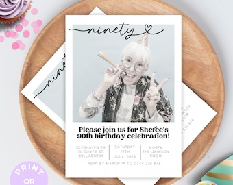 90th Birthday Invitation Editable Template with photo. Mobile and printable Canva Ninety modern minimal ninetieth 90 party digital download