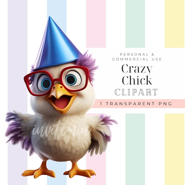 Baby chick with party hat and glasses, party chicken dance clipart funny quirky Farm chick birthday animal commercial use PNG barnyard decor