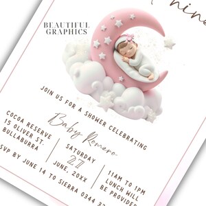 May include: A pink and white baby shower invitation with a pink crescent moon and a sleeping baby doll. The invitation says "Join us for a shower celebrating Baby Romero" and includes the date and time of the event. RSVP by June 14 to Sierra 0344 33.