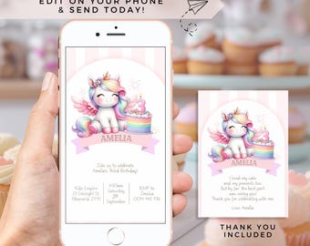 Unicorn 3rd Birthday Invitation, Editable Rainbow Pink Pastel Watercolor third party Invite for Girl Printable Download Canva