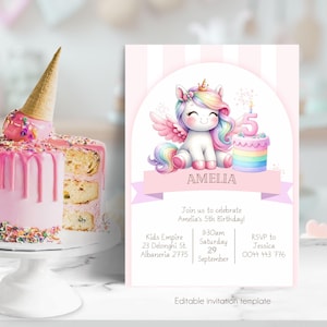 Unicorn 5th Birthday Invitation, Editable Rainbow Pink Magical Pastel Watercolor Birthday Girl Invite five 5 fifth Printable Download
