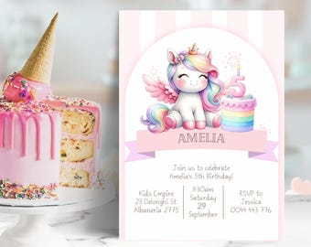 Unicorn 5th Birthday Invitation, Editable Rainbow Pink Magical Pastel Watercolor Birthday Girl Invite five 5 fifth Printable Download
