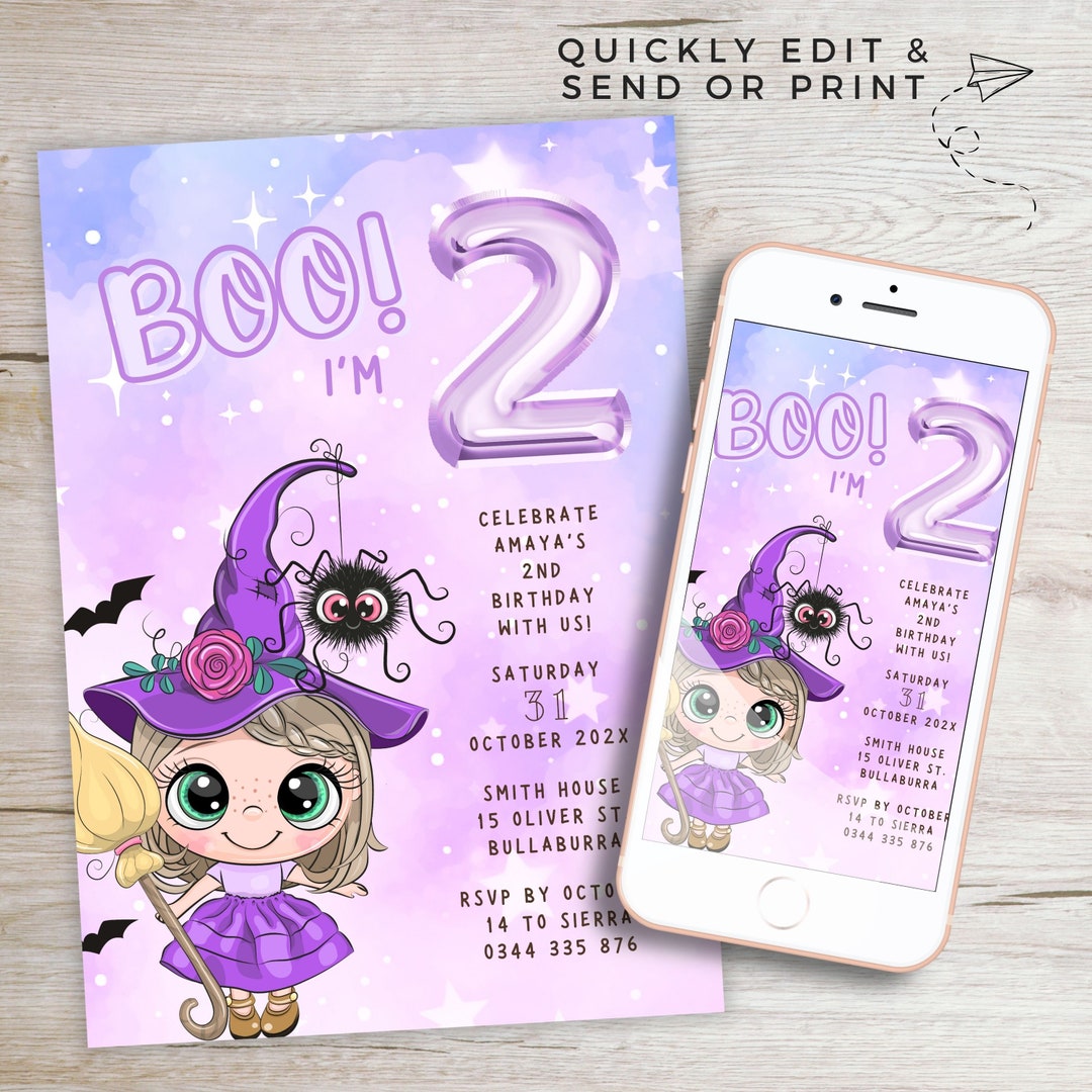 Witch Party Invitation Boo I’m 2 Birthday Girl, Printable 2nd Halloween ...