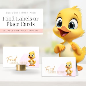 Étiquettes alimentaires Un canard porte-bonheur fête d'anniversaire Marque-places tente traditionnels modifiables, garçon ou fille d'abord 1er 2e 3e animaux de la ferme mignons rose