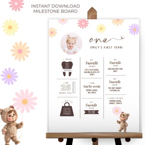 Erster Geburtstag Meilenstein Schild, Mädchen erster Geburtstag Daisy Wildflower druckbares Poster Wild One 1. Geburtstag bearbeitbares Baby Meilensteinbrett