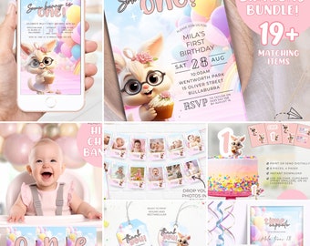 First birthday girl invitation 1st party bundle decorations package editable invitation templates Some bunny is one year instant download