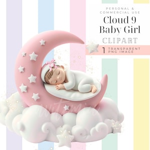 Op wolk negen babyshower evite clipart schattig afbeelding van babymeisje slapen op een roze maan met wolken 9 en sterren, de hemel digitaal verzonden
