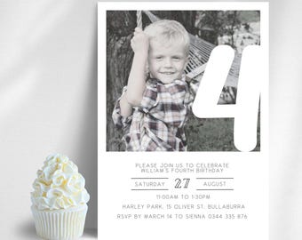 May include: A black and white photo of a young boy on a swing, with a large white number "4" overlayed on the image. The invitation text reads "Please join us to celebrate William's fourth birthday. Saturday, August 27, 11:00am to 1:30pm. Harley Park, 15 Oliver St. Bullaburra. RSVP by March 14 to Sienna 0344 335 876."