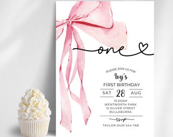 Girls first birthday Pink Bow invitation, watercolor pretty coquette ribbon, 1st Invite Printable, minimal cute template