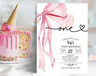 Pink Bow Girls first birthday invitation, watercolor pretty coquette ribbon, 1st Invite Printable, minimal cute template