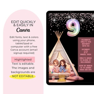 May include: A digital invitation for a 9th birthday party with a pink and purple iridescent number 9 balloon, a teepee tent, and two girls watching a movie. The text reads "Celebrate Emily's 9th Birthday with us! Saturday March 27, 202X Emily's House 15 Oliver St. Bullaburra RSVP by March 14 to Sierra 0344 335 876"