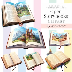 Può includere: Raccolta di libri di fiabe aperti con illustrazioni di castelli e paesaggi. I libri hanno copertine in pelle marrone e illustrazioni colorate. L'immagine include il testo "Open Storybooks CLIPART" e "6 TRANSPARENT PNG IMAGES".