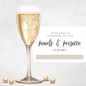 Perlen und Prosecco PNG Clipart, Prosecco Weinglas Bild, Perlen und Prosecco Brautparty Einladung Clipart, neutrale Hochzeitsästhetik