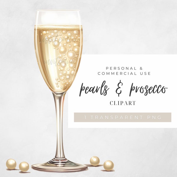Pearls and Prosecco PNG clipart, Prosecco wine glass image, pearls and Prosecco bridal shower invitation clipart, neutral wedding aesthetic