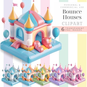 Pastel carnival clipart, Jumping castle, party cartoon images, Bounce House 3D, digital download Bounce Party Invite png girls kids birthday
