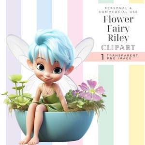 Feenmädchen Bild, niedliche Gartenblumenfee im Topf, glitzernde Geburtstagsfee Kleinkind Baby Mädchen PNG, 3D Bild magische Prinzessin blau Pixie