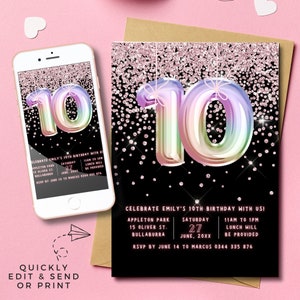 Girls 10th Birthday Invitation Template Glitter Party Invite Rainbow pizza Pajamas movies black Pink tenth Birthday Instant Download Digital