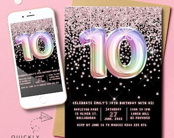 Girls 10th Birthday Invitation Template Glitter Party Invite Rainbow pizza Pajamas movies black Pink tenth Birthday Instant Download Digital