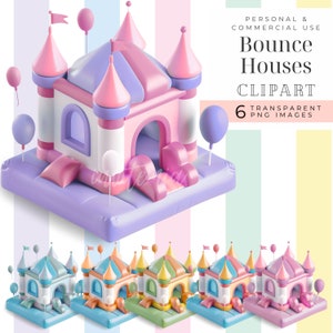 Clipart carnaval pastel, maison rebondissante, images de dessin animé de fête, château sautant 3D, téléchargement numérique Bounce Party inviter png filles anniversaire enfants