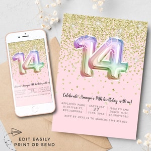 Girls 14th Birthday Invitation Template Teen Glitter Party Invite Rainbow Balloons Pretty Pink Gold fourteenth Birthday Instant Download