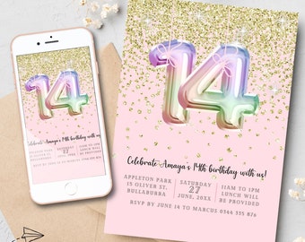 Girls 14th Birthday Invitation Template Teen Glitter Party Invite Rainbow Balloons Pretty Pink Gold fourteenth Birthday Instant Download