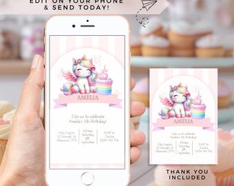 Unicorn 5th Birthday Invitation, Editable Rainbow Pink Magical Pastel Watercolor Birthday Girl Invite five 5 fifth Printable Download
