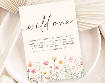 Girls first birthday Wildflowers invitation, Wild One, 1st Birthday Invite Printable, pretty minimal pink cute wild flowers