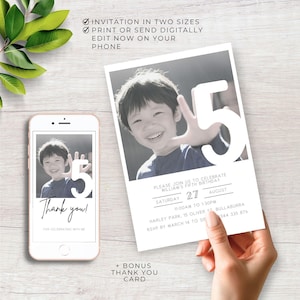 May include: A printable birthday invitation featuring a photo of a boy holding up the number 5. The invitation is in black and white with a white background. The text on the invitation reads "Please join us to celebrate William's fifth birthday. Saturday, August 27, 11:00am to 1:30pm. Harley Park, 15 Oliver Ct, Bullaburra. RSVP by March 14 to 344 335 876."