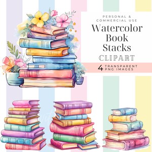 Könnte beinhalten: Vier Aquarell-Illustrationen von Stapeln bunter Bücher. Die Bücher sind in verschiedenen Größen und Farben angeordnet, wobei einige Stapel mehr Bücher haben als andere. Die Illustrationen sind vor einem Hintergrund aus Pastellstreifen angeordnet.