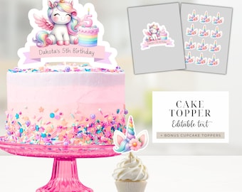 Unicorn Cake Topper 5th birthday Editable Custom name Printable Rainbow Unicorn Cupcake toppers 5 five Birthday Girl pastel watercolor