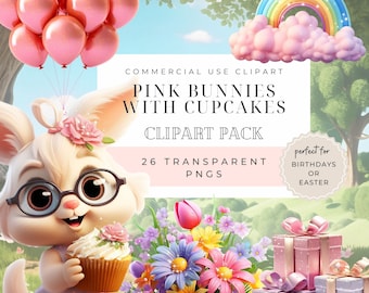 Cute Easter Bunny Clipart, Girls Birthday, Easter Bundle, Spring flowers Balloons, Rainbow, PNG, Cute pink Nursery animals on swings clipart