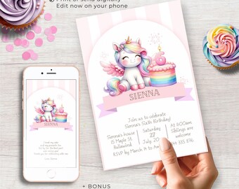 Unicorn 6th Birthday Invitation, Editable Rainbow Pink Pastel Watercolor Unicorn six year old 6 Birthday Girl Invite Printable Download