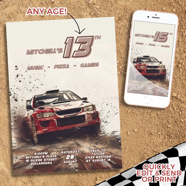 Rally car Teenage boy Party Invitation, boys race car invite Level Up Birthday party template, Gamer, pizza, Sleepover Arcade