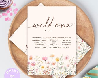 Girls first birthday Wildflowers invitation, Wild One, 1st Birthday Invite Printable, pretty minimal pink cute wild flowers
