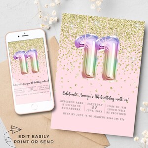 Girls 11th Birthday Invitation Template Glitter Party Invite Rainbow Foil Balloons Pretty Pink Gold eleventh Birthday Instant Download Digit
