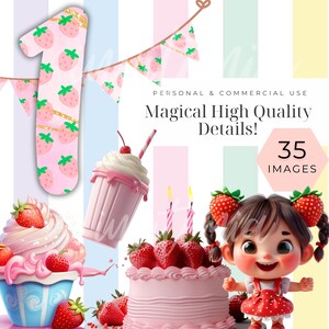 May include: A set of 35 digital images featuring a pink and white birthday party theme with strawberries, a cake, a milkshake, a cupcake, and a cartoon girl. The images are perfect for creating invitations, party decorations, and other crafts.