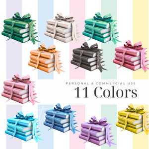Könnte beinhalten: Elf Stapel Bücher, die mit einem Band in verschiedenen Farben gebunden sind, darunter Grün, Weiß, Orange, Schwarz, Rosa, Blau, Lila und Gelb. Der Text "PERSONAL & COMMERCIAL USE 11 COLORS" befindet sich am unteren Rand des Bildes.