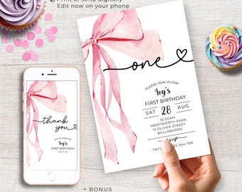 Pink Bow Girls first birthday invitation, watercolor pretty coquette ribbon, 1st Invite Printable, minimal cute template