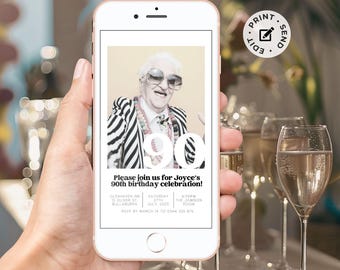 90th Birthday Invitation Editable Template with photo. Mobile and printable Canva Ninety modern minimal ninetieth 90 party digital download