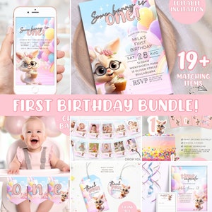 Girl First Birthday bundle, 1st birthday party decorations package editable invitation templates Some bunny is one year instant download