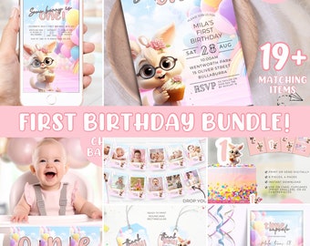Girl First Birthday bundle, 1st birthday party decorations package editable invitation templates Some bunny is one year instant download