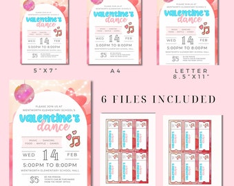 Valentine’s Day sweetheart dance invite flyer, printable dance party tickets, school pale tones Day dance invitation