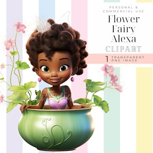 Fairy clipart, garden fairy in pot plant, birthday girl fairy image, African American fairy PNG 3D cartoon magical glittery flower princess
