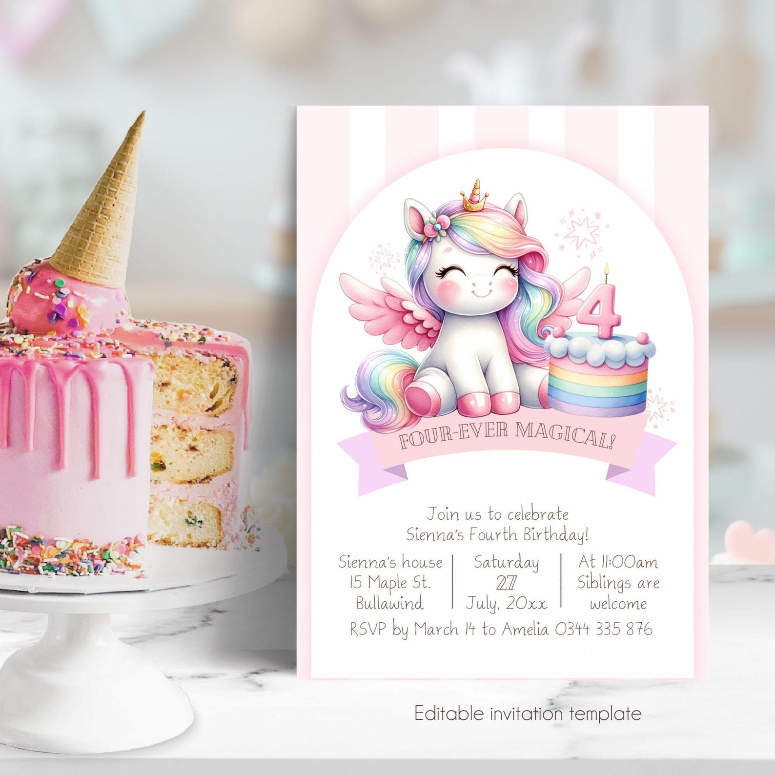 Unicorn Birthday Invitation Four Ever Magical, Editable Rainbow Pink ...