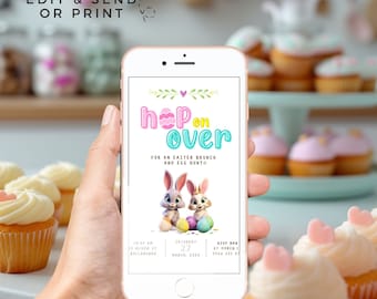 Inbjudan till äggjakt för påskbrunch, inbjudan till påskfest, påskinbjudan för flickor och pojkar, clipart med påskte, digital påskinbjudan