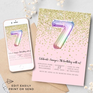 Girls 7th Birthday Invitation Template Glitter Party Invite Rainbow Foil Balloons Pretty Pink Gold seventh Birthday Instant Download Digital