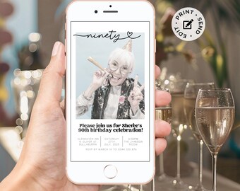 90th Birthday Invitation Editable Template with photo. Mobile and printable Canva Ninety modern minimal ninetieth 90 party digital download