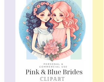 Two brides clipart, LGBTQ wedding image, cute watercolor bride picture PNG Lesbian marriage best girlfriends