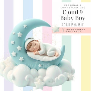 May include: A blue crescent moon with white stars and a sleeping baby boy on top of a white cloud with white stars. The baby is wearing a white onesie and a white hat. The background is a pastel striped pattern.
