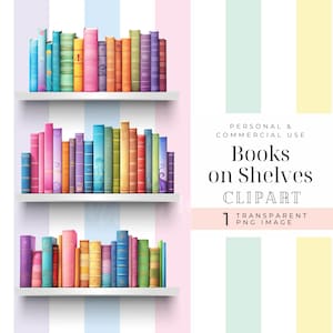 May include: Three white shelves with colorful books on each. The shelves are against a striped background of pink, light blue, green, and yellow.